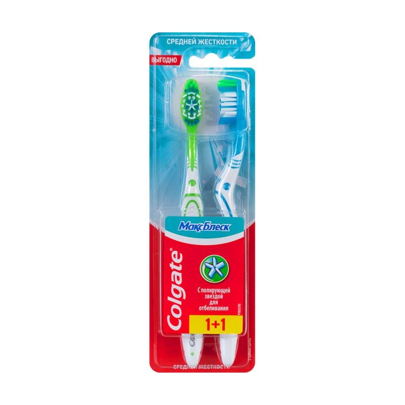 Зубная щётка "Макс Блеск", Colgate, 1+1 шт., в ассортименте