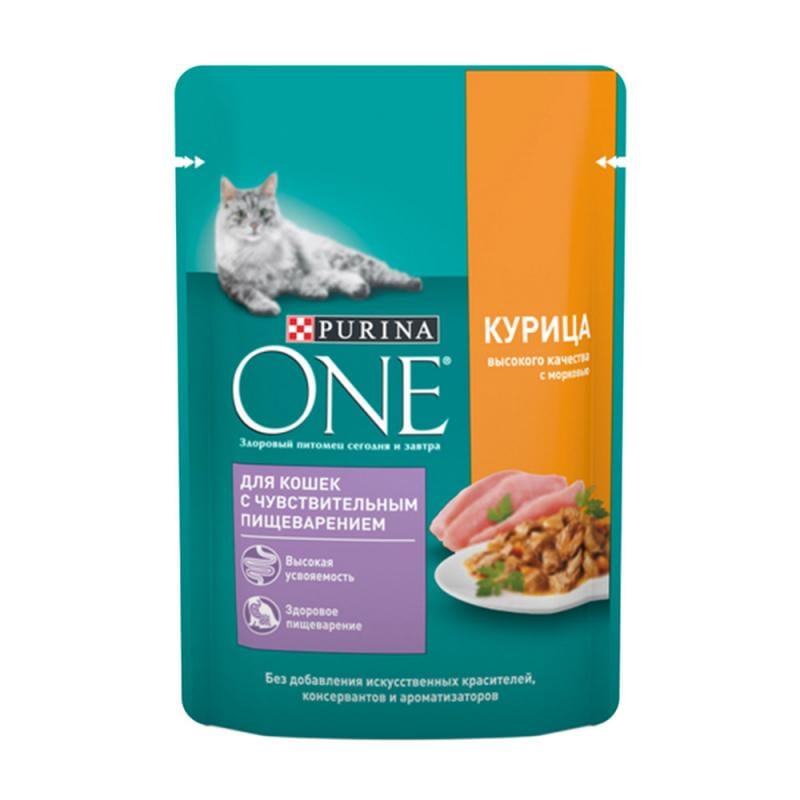 Корм для кошек с чувствительным пищеварением, Purina One, курица/морковь, 75 г