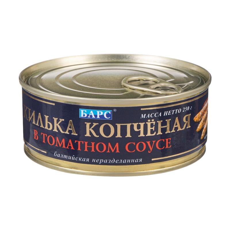 Килька копчёная, БАРС, в томатном соусе, 250 г