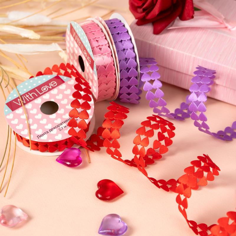 Лента декоративная "Сердца", With Love, 2,7 м х 1,5 см, в ассортименте