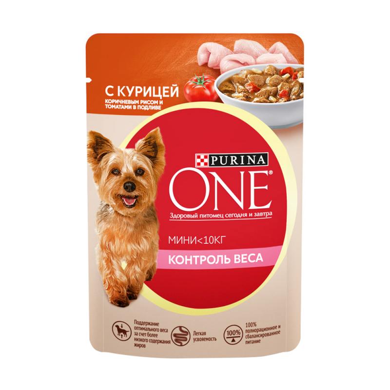 Влажный корм для активных собак, Purina One, с курицей, коричневым рисом, томатами в подливе, 85 г