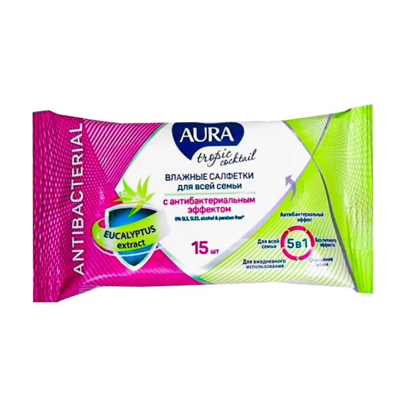 Влажные салфетки c антибактериальным эффектом, AURA, 15 шт., в ассортименте