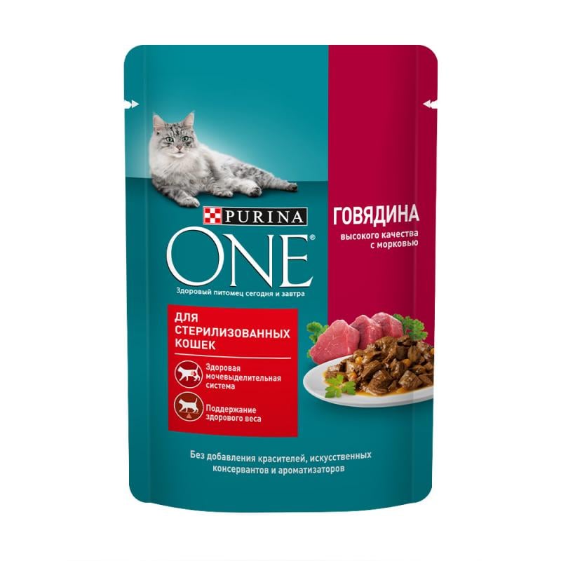 Влажный корм, Purina One, с говядиной и морковью, 75 г