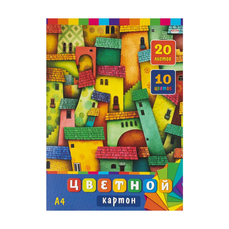Цветной картон, А4, 20 листов, 10 цветов