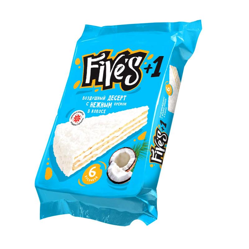 Вафли "Five`s+1", Знак вкуса, с молочной начинкой и кокосом, 125 г