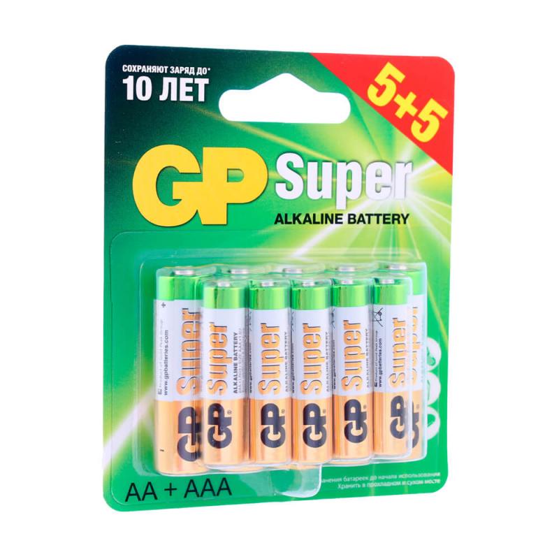 Батарейки алкалиновые, GP, 10 шт. (5 шт. – АА; 5 шт. – ААА)