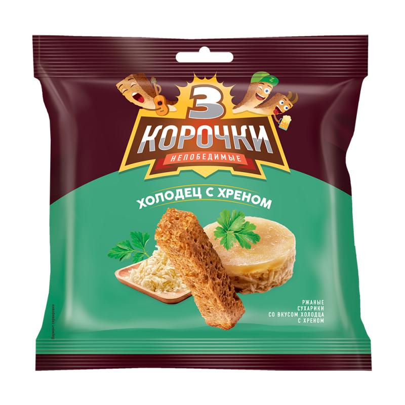 Сухарики ржаные, 3 корочки, 80 г, в ассортименте