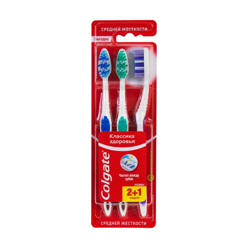 Зубная щётка "Классика здоровья", Colgate, средняя жёсткость, 2+1 шт., в ассортименте