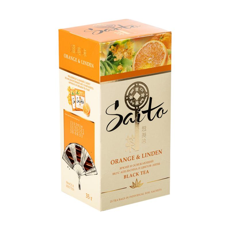 Чёрный чай, Saito, апельсин-липа, 25 пакетиков, 35 г