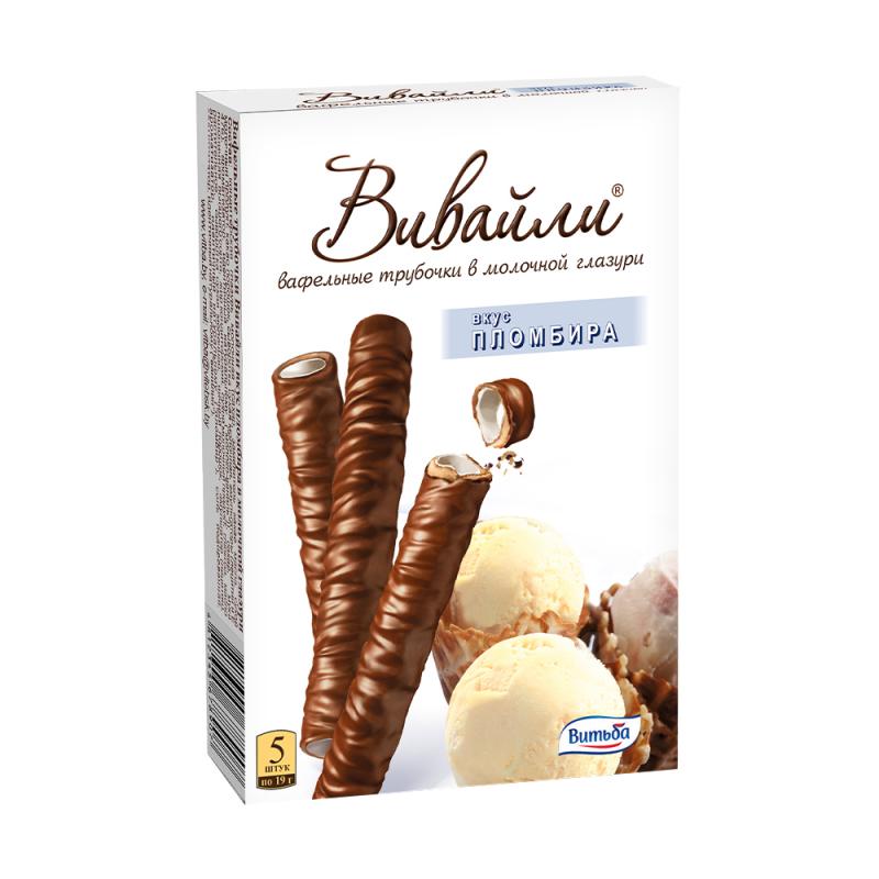 Вафельные трубочки в молочной глазури "Вивайли", Витьба, со вкусом пломбира, 5 шт.