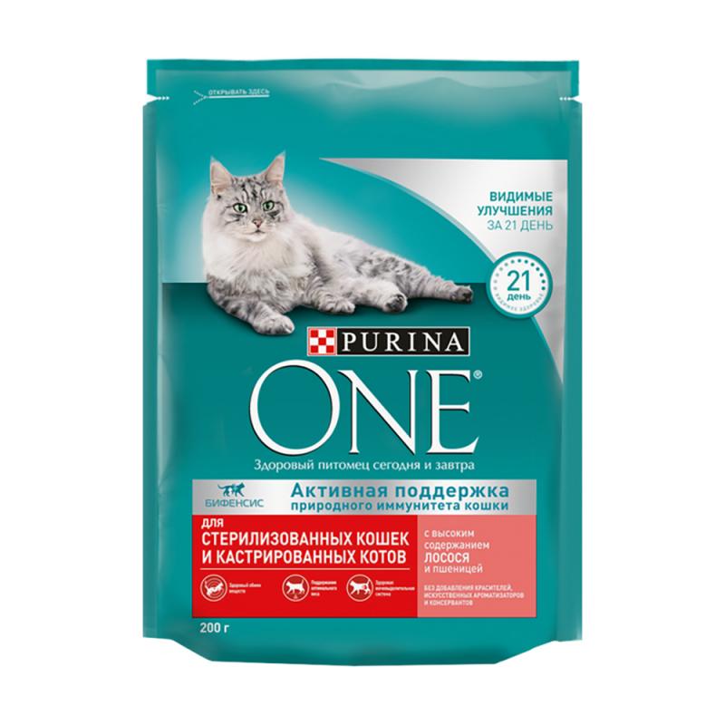 Сухой корм для стерилизованных кошек и кастрированных котов, Purina One, лосось/пшеница, 200 г