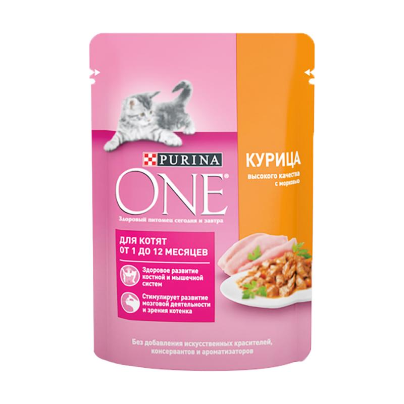 Влажный корм для котят, Purina One, курица, морковь, 75 г