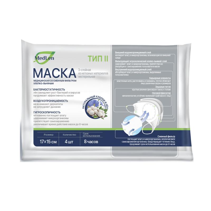 Маска медицинская нестерильная одноразовая, MedLen, 4 шт.
