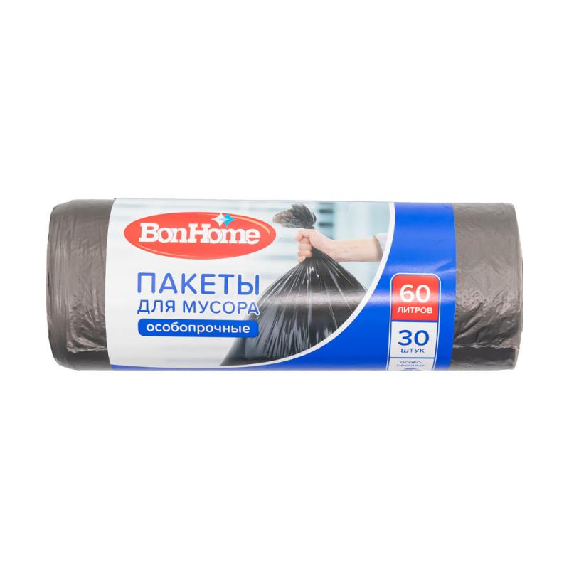 Пакеты для мусора особопрочные, BonHome, 60 л, 30 шт.