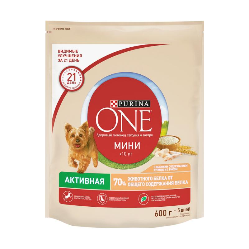 Сухой корм для активных собак, Purina One, курица с рисом, 600 г