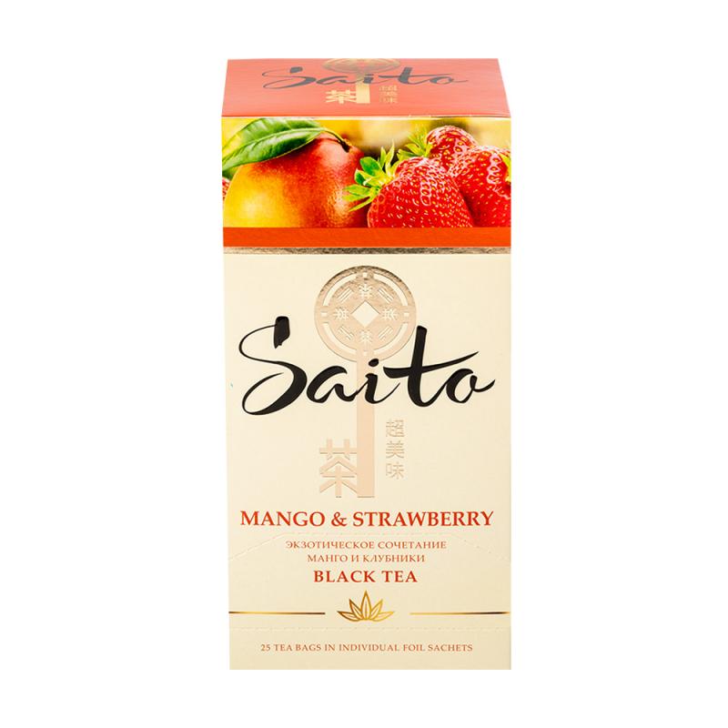 Чёрный чай, Saito, манго-клубника, 25 пакетиков, 37,5 г