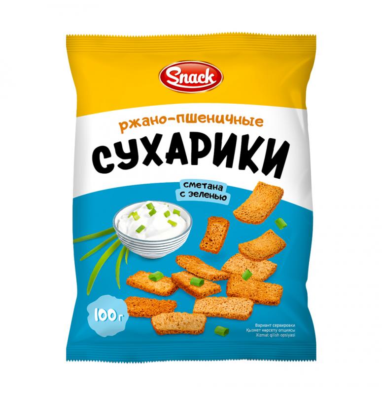 Сухарики ржано-пшеничные, Snack, со сметаной и зеленью, 100 г