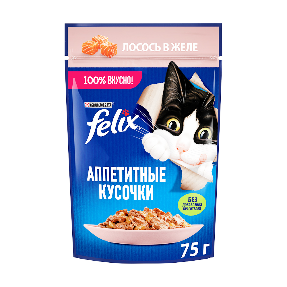 Влажный корм для кошек "Felix", Purina, лосось в желе, 75 г - купить в ...
