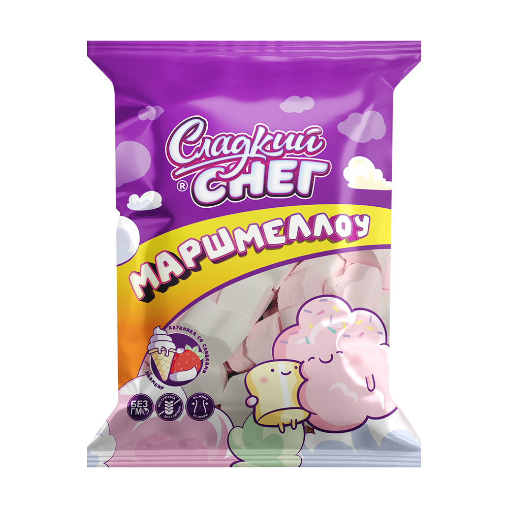 Маршмеллоу "Сладкий снег", 130 г, со вкусом клубники со сливками и ...