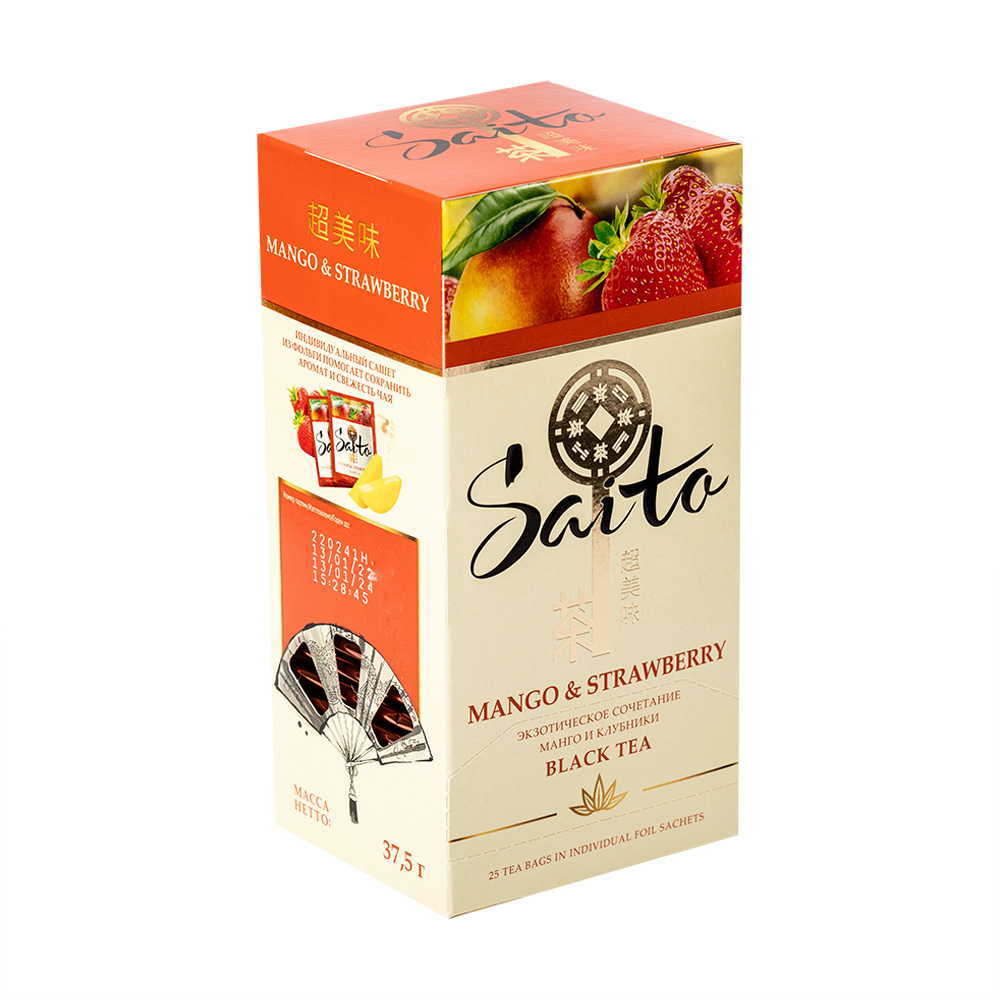 Чёрный чай, Saito, манго-клубника, 25 пакетиков, 37,5 г - купить в ...