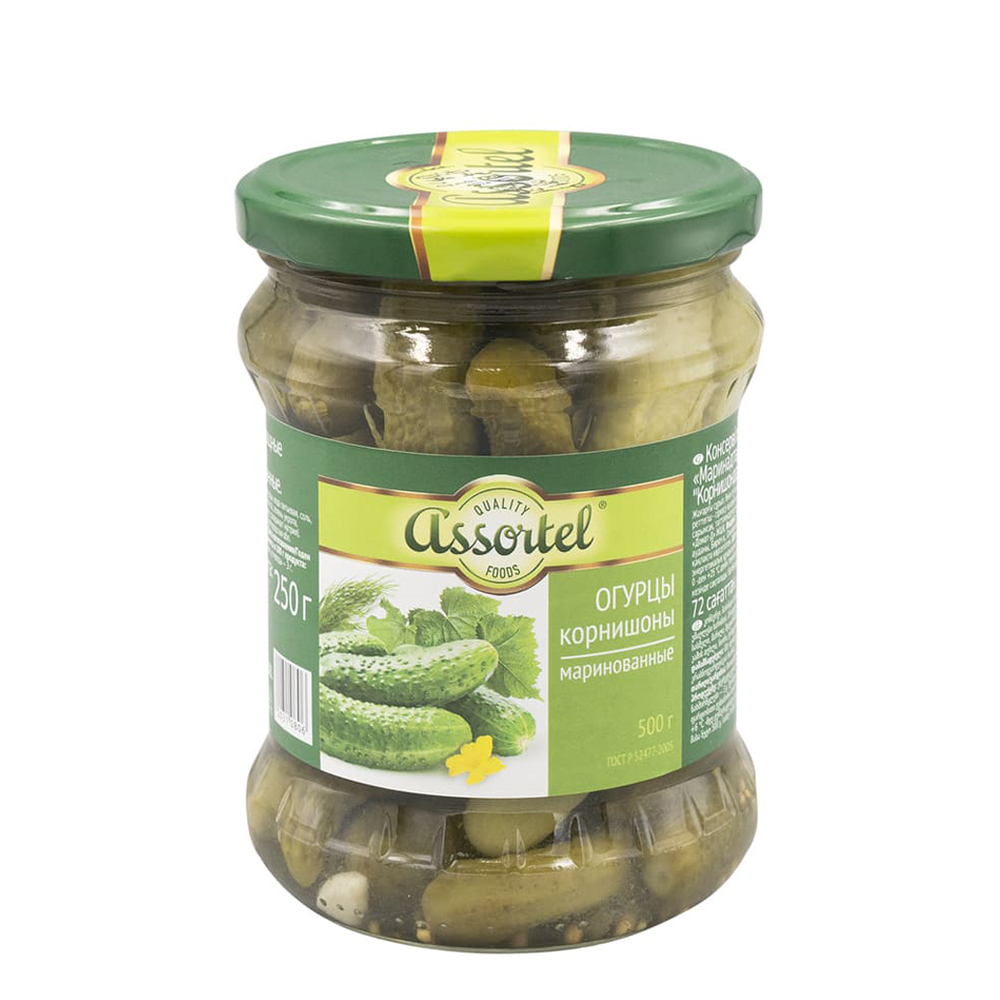 Маринованные огурцы “Корнишоны”, Assortel, 500 г - купить винтернет-магазине Fix Price в г. Москва
