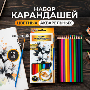 Набор цветных акварельных карандашей, 12 цветов, кисть в комплекте, в ассортименте