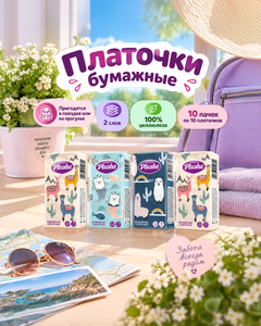 Платочки бумажные, Plushe, 10 шт., в ассортименте