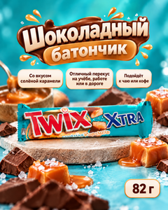 Шоколадный батончик, Twix, солёная карамель, 82 г