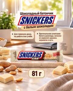 Шоколадный батончик, Snickers, белый шоколад, 81 г