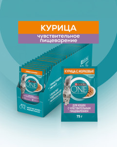 Влажный корм для взрослых кошек для чувствительного пищеварения, PURINA ONE, курица/морковь, 75 г