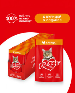 Влажный корм для взрослых кошек, ДАРЛИНГ, с курицей в соусе, 75 г