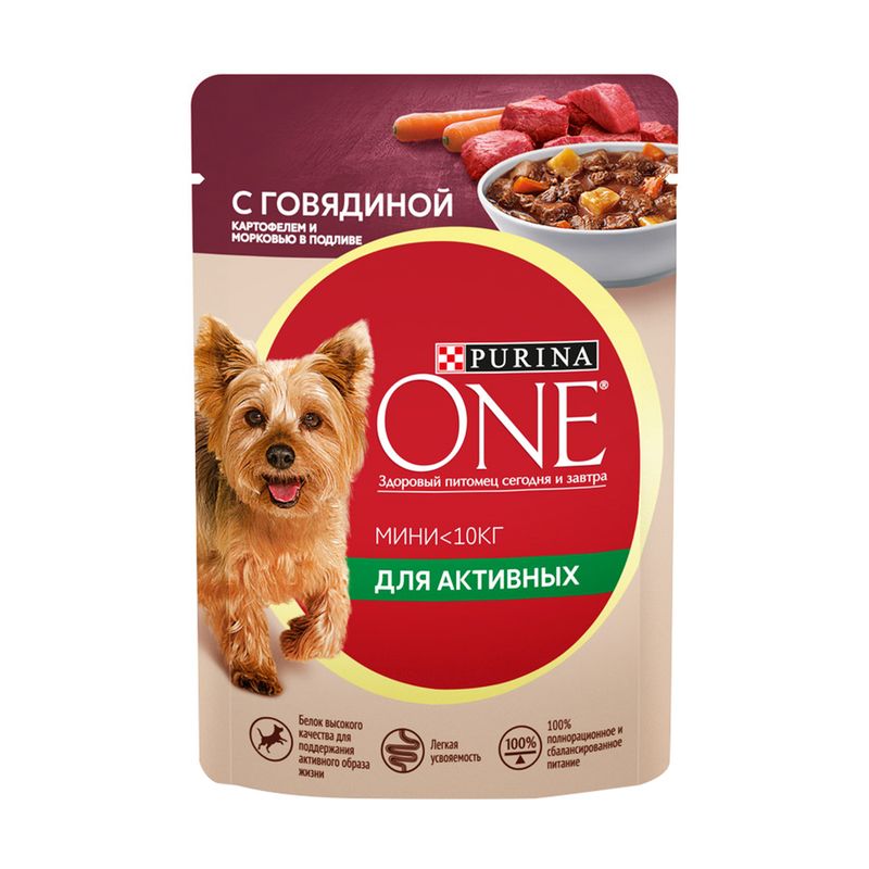 Влажный корм для активных собак, Purina One, с говядиной, картофелем, морковью в подливе, 85 г