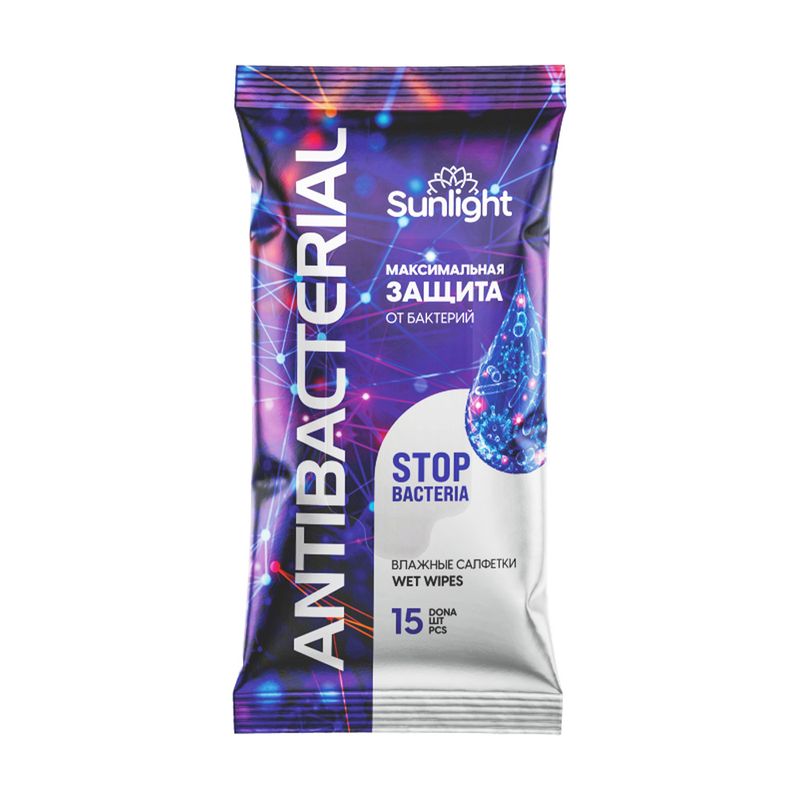 Влажные салфетки "Antibacterial", Sunlight, 15 шт., в ассортименте