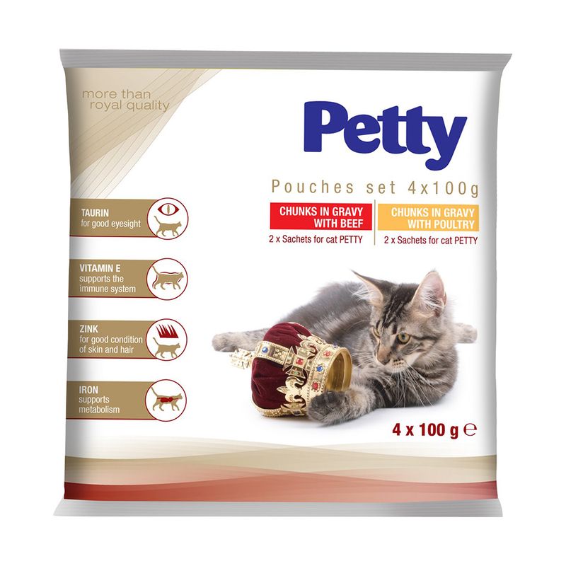 Влажный корм для кошек, Petty, говядина/курица в соусе, 4x100 г