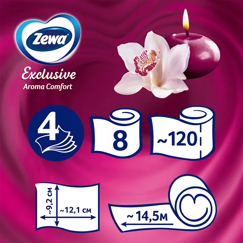 Туалетная бумага "Exclusive", Zewa, 4 слоя, 8 рулонов