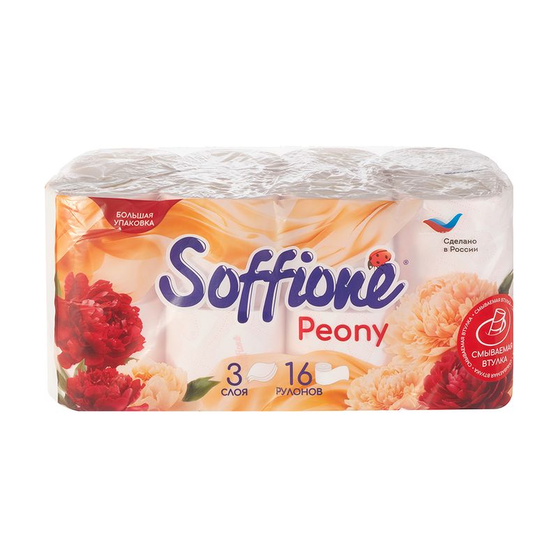 Туалетная бумага "Peony", Soffione, 3 слоя, 16 рулонов