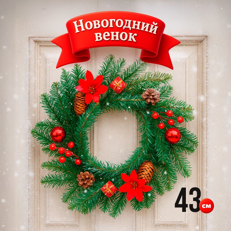 Венок новогодний, Снежное кружево, 43 см, в ассортименте