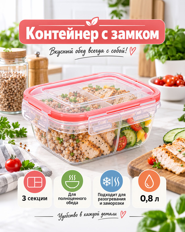 Контейнер с замком трёхсекционный, 0,8 л, в ассортименте