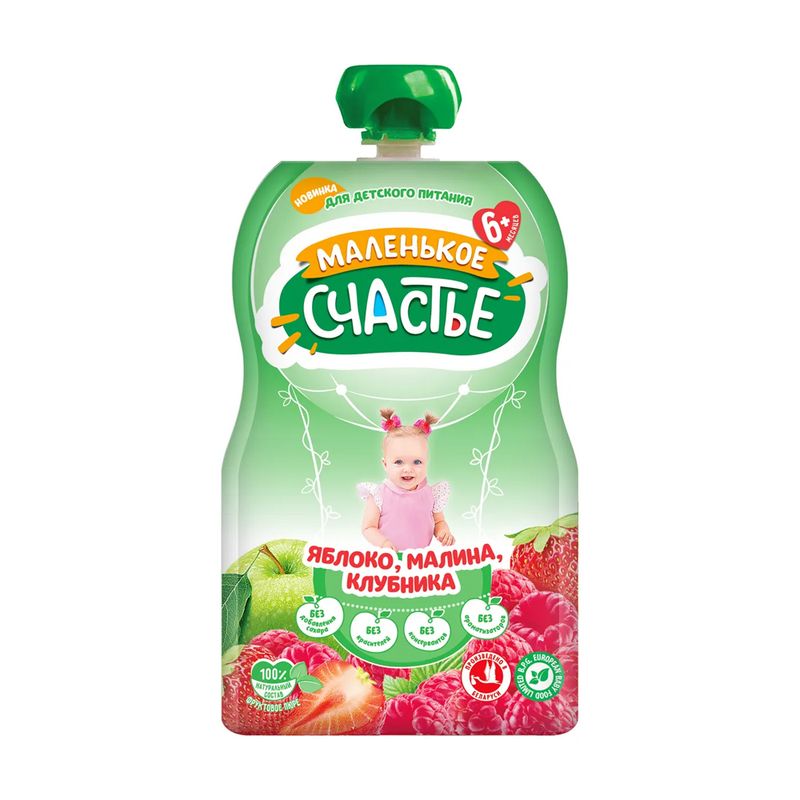 Пюре "Маленькое счастье" яблоко-малина-клубника 90 г, 6+