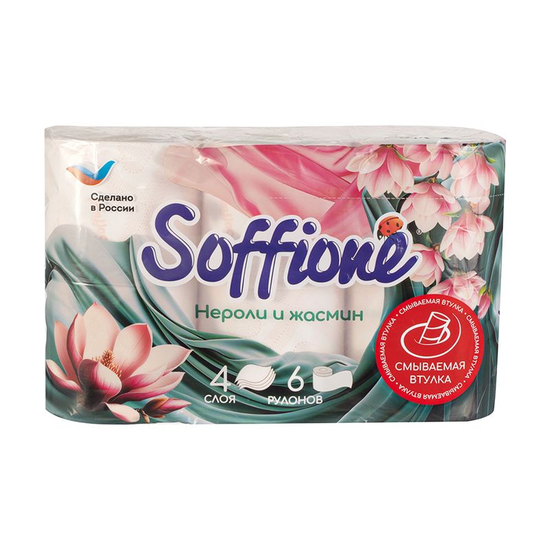 Туалетная бумага "Velvet Jasmine", Soffione, 4 слоя, 6 рулонов