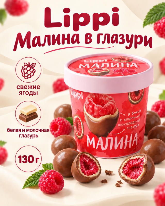 Малина в белой и молочной шоколадной глазури, Lippi, 130 г