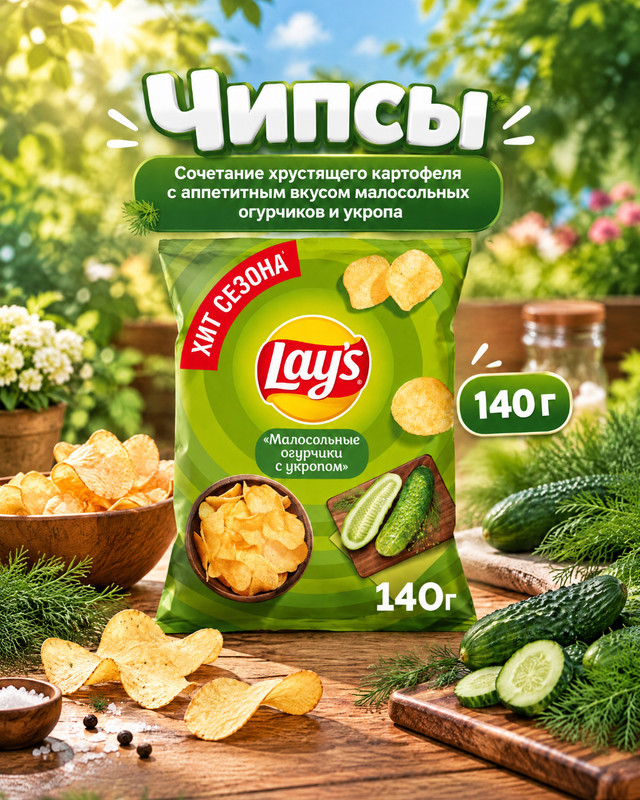 Чипсы, Lay's, малосольные огурчики с укропом, 140 г