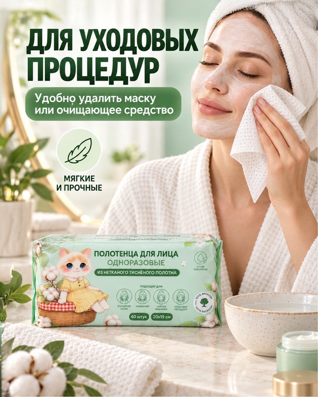 Полотенца для лица одноразовые, 20x19 см, 60 шт.