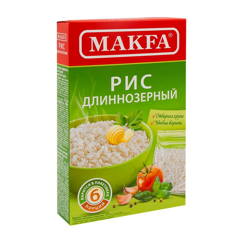 Рис шлифованный длиннозерный, Makfa, 6 пакетиков, 400 г