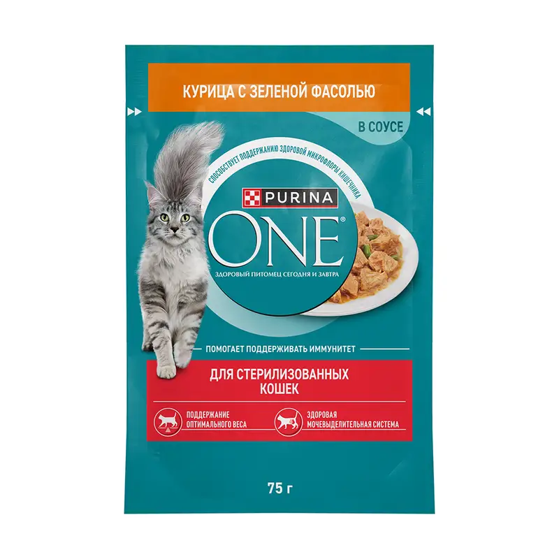 Влажный корм для стерилизованных кошек и кастрированных котов, PURINA ONE, с курицей и зелёной фасол
