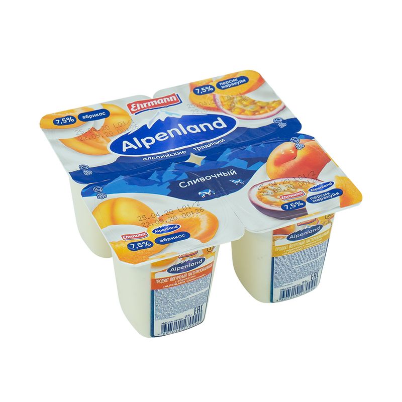 Продукт йогуртный "Alpenland", сливочный, Ehrmann, абрикос/персик, 7,5%, 95 г