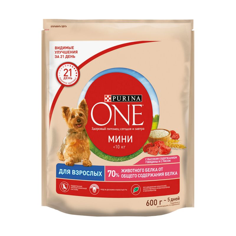 Сухой корм для взрослых собак, Purina One, говядина с рисом, 600 г