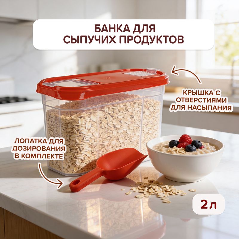 Банка для сыпучих продуктов с лопаткой, Plast Team, 2 л, в ассортименте