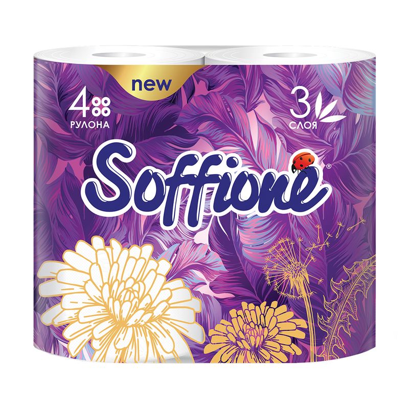 Туалетная бумага, Soffione, 3 слоя, 4 рулона