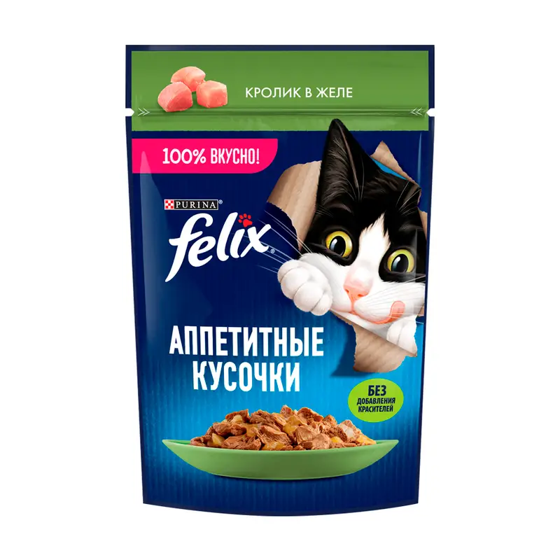 Влажный корм для взрослых кошек "Аппетитные кусочки", FELIX, с кроликом в желе, 75 г